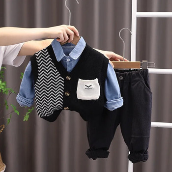 Φθινοπωρινή Boutique Παιδικά Ρούχα Βρεφικά ρούχα 9 έως 12 μηνών Πλεκτό αμάνικο γιλέκο + τζιν πουκάμισα + παντελόνι 3 τμχ Σετ για αγόρια