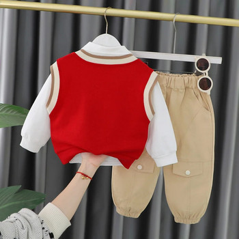 Бутиково облекло за бебе момче Облекло в корейски стил Карикатура Плетена жилетка с V-образно деколте + бели ризи + панталони Детски анцузи Комплект за малко дете
