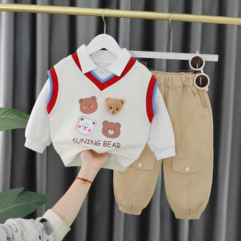 Бутиково облекло за бебе момче Облекло в корейски стил Карикатура Плетена жилетка с V-образно деколте + бели ризи + панталони Детски анцузи Комплект за малко дете