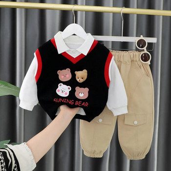 Μπουτίκ για μωρά αγόρια Ρούχα Κορεάτικου στυλ Πλεκτό γιλέκο κινουμένων σχεδίων με λαιμόκοψη V + λευκά πουκάμισα + παντελόνια παιδικές φόρμες για νήπια