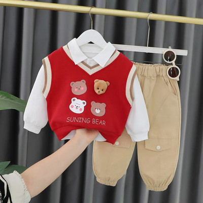 Baby Boy Boutique Riietus Korea stiilis komplekt Multikas V-kaelusega kootud vest + valged särgid + püksid, lapsed dressid väikelapse komplekt