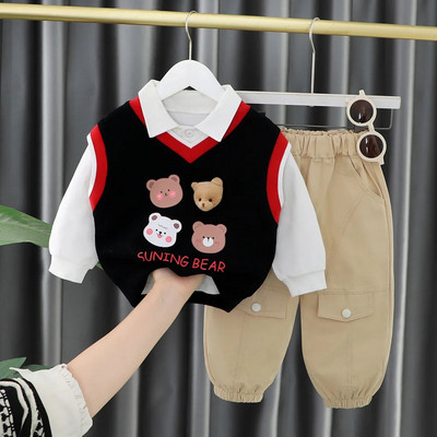Baby Boy Boutique Riietus Korea stiilis komplekt Multikas V-kaelusega kootud vest + valged särgid + püksid, lapsed dressid väikelapse komplekt
