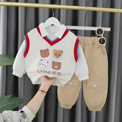 Baby Boy Boutique Riietus Korea stiilis komplekt Multikas V-kaelusega kootud vest + valged särgid + püksid, lapsed dressid väikelapse komplekt