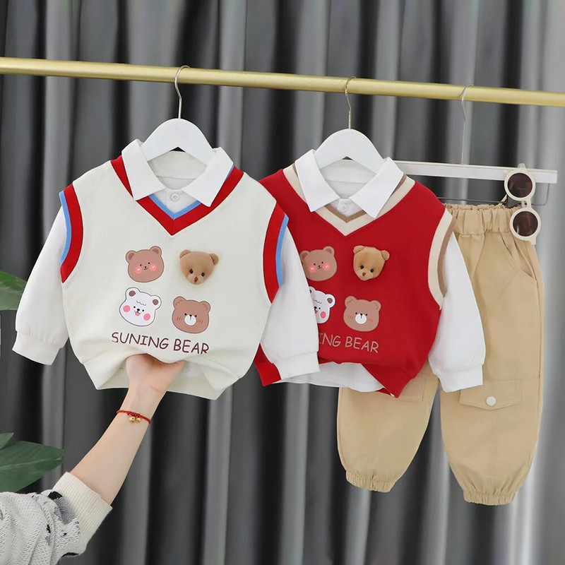 Baby Boy Boutique Riietus Korea stiilis komplekt Multikas V-kaelusega kootud vest + valged särgid + püksid, lapsed dressid väikelapse komplekt