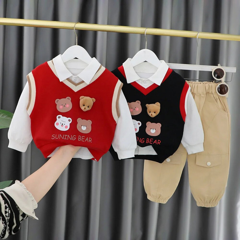 Baby Boy Boutique Riietus Korea stiilis komplekt Multikas V-kaelusega kootud vest + valged särgid + püksid, lapsed dressid väikelapse komplekt