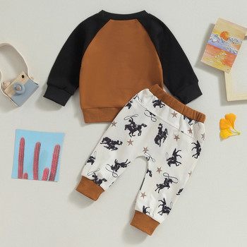Pudcoco Бебешки комплект панталони за момче с дълъг ръкав, суитшърт с щампа на конски букви и деколте, Спортни панталони с ластик на талията, Детски дрехи 0-3T
