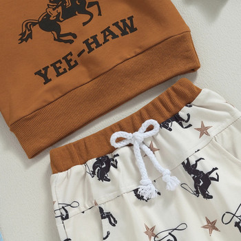 Pudcoco Бебешки комплект панталони за момче с дълъг ръкав, суитшърт с щампа на конски букви и деколте, Спортни панталони с ластик на талията, Детски дрехи 0-3T