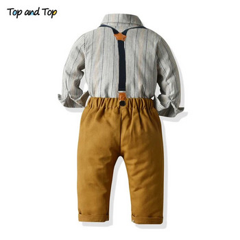 Τοπ και κορυφαίο φθινοπωρινό χειμερινό βρεφικό σετ ρούχων για αγόρια μακρυμάνικο ριγέ μπλουζάκι παπιγιόν+ζαρτιέρες βρεφική στολή τζέντλεμαν