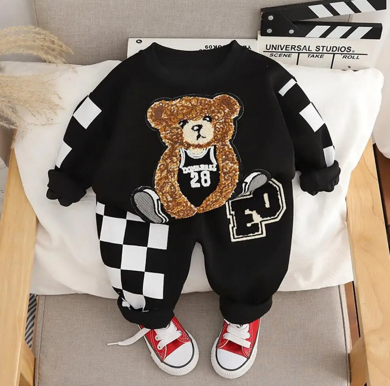Άνοιξη φθινόπωρο Παιδικές αθλητικές φόρμες σχεδιαστών για αγόρια Κινούμενα σχέδια αρκουδάκι μακρυμάνικο πουλόβερ κουκούλες και παντελόνι Παιδικά βρεφικά ρούχα Σετ για αγόρια