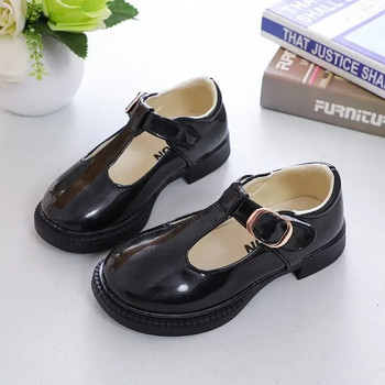 Детски кожени обувки за училищно парти Черно-бели обувки за момичета Детски кожени обувки с равни обувки T-каишка Проста класическа катарама 26-36 Ново