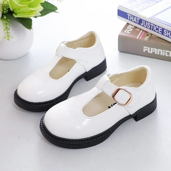 Детски кожени обувки за училищно парти Черно-бели обувки за момичета Детски кожени обувки с равни обувки T-каишка Проста класическа катарама 26-36 Ново