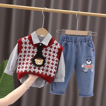 Пролет Есен Персонализирани дрехи за бебе момче 2 до 3 години Карикатура Ризи без ръкави Дънки 3PCS Детски костюми Момчета Комплекти Дрехи
