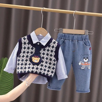 Ανοιξιάτικα Φθινοπωρινά Εξατομικευμένα Βρεφικά Ρούχα 2 έως 3 ετών Κινούμενα σχέδια Αμάνικο Γιλέκο Πουκάμισα Τζιν 3 ΤΕΜ Παιδικά Κοστούμια Αγόρια Σετ Ρούχα