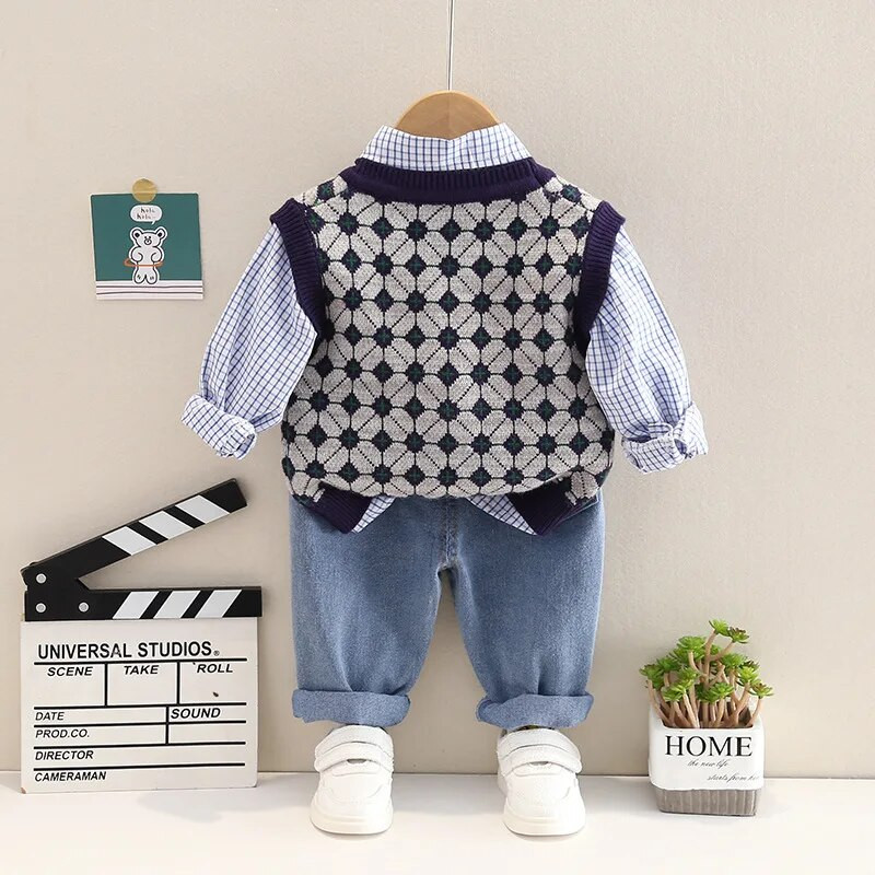 Pavasara rudens personalizētas drēbes zīdaiņiem no 2 līdz 3 gadiem multfilmas bezpiedurkņu veste krekli Džinsi 3 gab. Bērnu kostīmi zēnu komplekti apģērbi