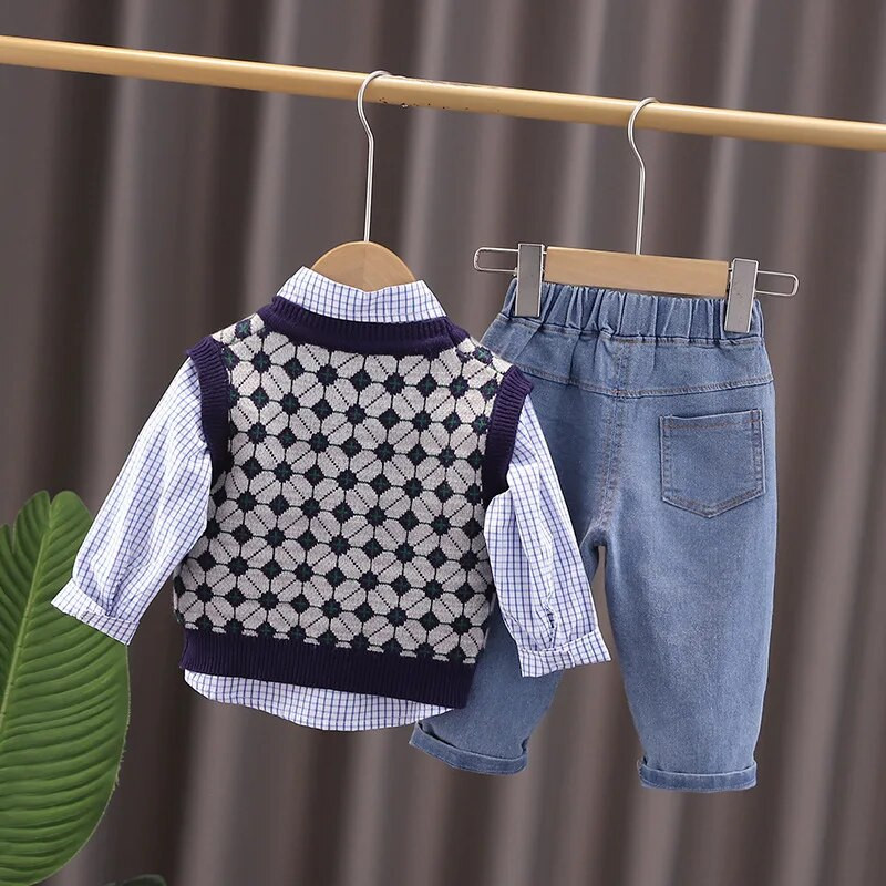 Pavasara rudens personalizētas drēbes zīdaiņiem no 2 līdz 3 gadiem multfilmas bezpiedurkņu veste krekli Džinsi 3 gab. Bērnu kostīmi zēnu komplekti apģērbi