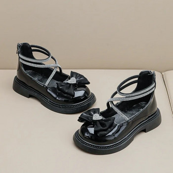 Гланцови черни кожени обувки за момиче, есенни детски обувки с каишка на глезена с кристали, лолита, елегантни детски обувки с кръгли пръсти и панделка