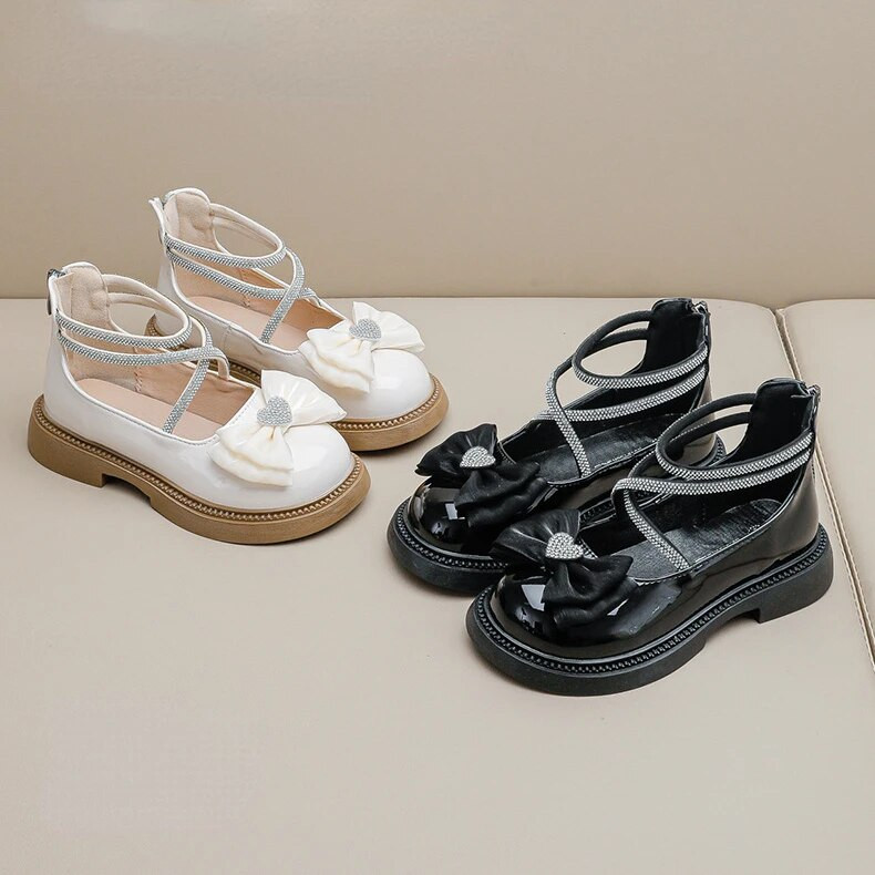 Meiteņu spīdīgi melnas ādas apavi rudens Rhinestone potītes siksna Lolita bērniem Mary Janes Bowknot Eleganti apaļas purngala bērnu apavi