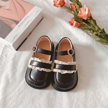 Детски кожени обувки на принцеса Ежедневни бебешки черно-бели модни обувки за момичета Корейски стил Сладки дантелени обувки на принцеса