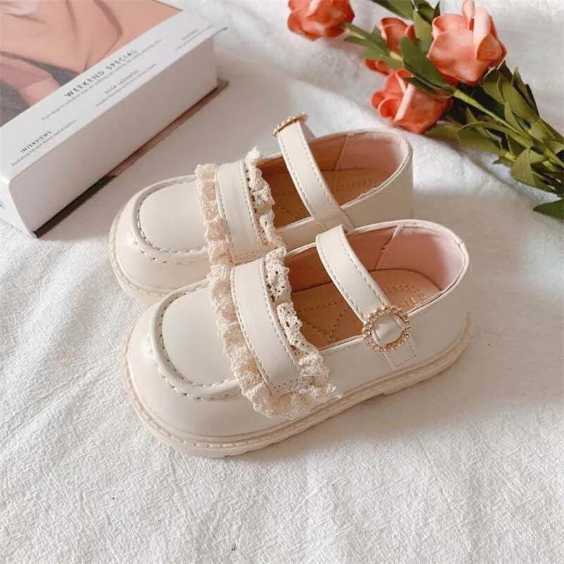 Bērnu princeses ādas apavi Ikdienas mazuļu melnbalti meiteņu modes zīmols korejiešu stila saldas mežģīņu princešu apavi