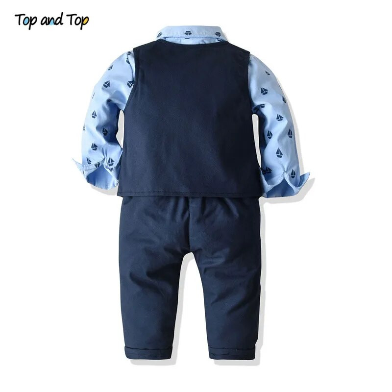 Top un Top rudens ziemas Ziemas Zēnu apģērbu komplekts Garām piedurknēm Rokas krekls + Veste + Bikses 3Gb Džentlmeņu zēnu ikdienas apģērbi