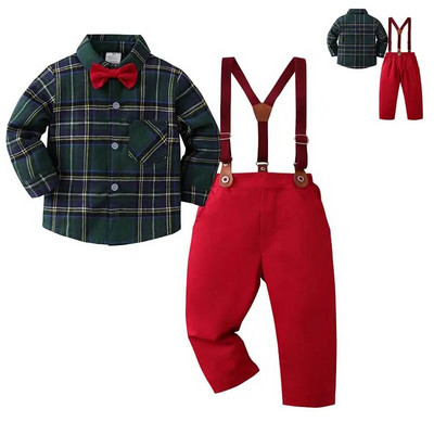Zīdaiņu formāli džentlmeņu uzvalki zīdaiņiem Anglijas rūtaini T-krekls + kombinezoni bikses komplekti kristību tērpi mazuļiem Ziemas drēbes