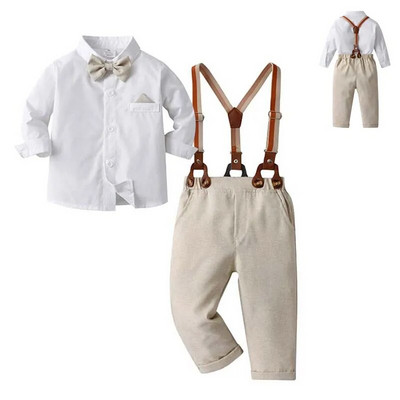 Zīdaiņu formāli džentlmeņu uzvalki zīdaiņiem Anglijas rūtaini T-krekls + kombinezoni bikses komplekti kristību tērpi mazuļiem Ziemas drēbes