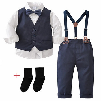 Официален костюм за бебета, момчета, риза с дълги ръкави, панделка, жилетка, панталон с тиранти, джентълменски комплект дрехи, детски дрехи за рожден ден, сватбено тържество