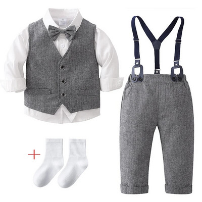 Zēnu zēnu svinīgs uzvalks ar garām piedurknēm bantīti krekls veste bikses džentlmeņu apģērbu komplekts bērniem dzimšanas dienas kāzu ballītes apģērbs