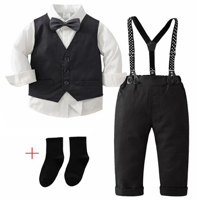 Zēnu zēnu svinīgs uzvalks ar garām piedurknēm bantīti krekls veste bikses džentlmeņu apģērbu komplekts bērniem dzimšanas dienas kāzu ballītes apģērbs