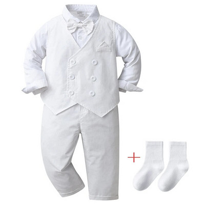 Zēnu zēnu svinīgs uzvalks ar garām piedurknēm bantīti krekls veste bikses džentlmeņu apģērbu komplekts bērniem dzimšanas dienas kāzu ballītes apģērbs