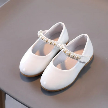 Едноцветни детски обувки Mary Janes за момичета с равни обувки Нови 2024 г. Обувки за принцеса от PU кожа с перлени мъниста Момиче, бебе, малки деца, размер 21-32