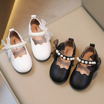 Детски кожени обувки Сватбени обувки от мъниста с бели цветя Обувки за момичета Mary Janes Перли Обувки за танци на принцеса 392L