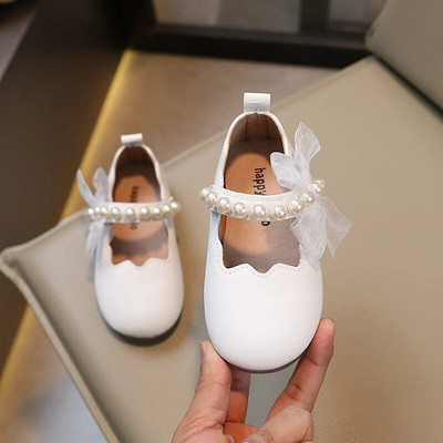 Bērnu Ādas Apavi String Pērlītes Kāzu Kurpes Baltas Puķu Meitenes Volāni Mary Janes Kurpes Pērles Princeses Deju Kurpes 392L