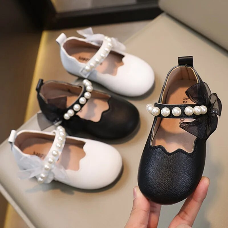Bērnu Ādas Apavi String Pērlītes Kāzu Kurpes Baltas Puķu Meitenes Volāni Mary Janes Kurpes Pērles Princeses Deju Kurpes 392L