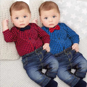 Σετ ρούχων για μωρά μόδας 2 τμχ/σετ Μακρυμάνικο καρό μπλουζάκι Baby Romper+ Jean παντελόνι Βρεφικό αγόρι Ρούχα Ολόσωμες φόρμες για αγόρι