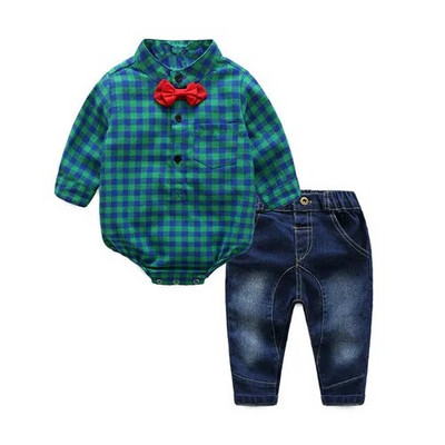 Madingi kūdikių berniukų rūbų rinkiniai 2 vnt./rinkinys Ilgomis rankovėmis languoti marškinėliai kūdikiui šliaužtinukas+ džinsinės kelnės, berniuko aprangos kombinezonai berniukui