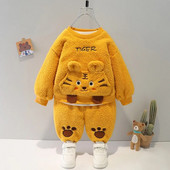 Rudens un ziemas jauns bērnu multfilmas burtu uzvalks garām piedurknēm zēniem un meitenēm Plīša siltas džemperbikses divdaļīgs vienkāršs sporta apģērbs