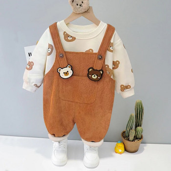 Есен и зима ново бебе анимационно писмо костюм с дълъг ръкав момчета и момичета Плюшен топъл пуловер панталон от две части семпло спортно облекло