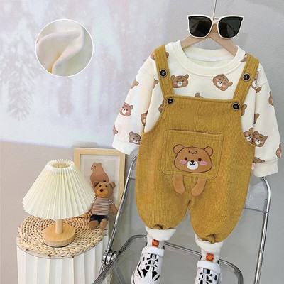 Rudens un ziemas jauns bērnu multfilmas burtu uzvalks garām piedurknēm zēniem un meitenēm Plīša siltas džemperbikses divdaļīgs vienkāršs sporta apģērbs