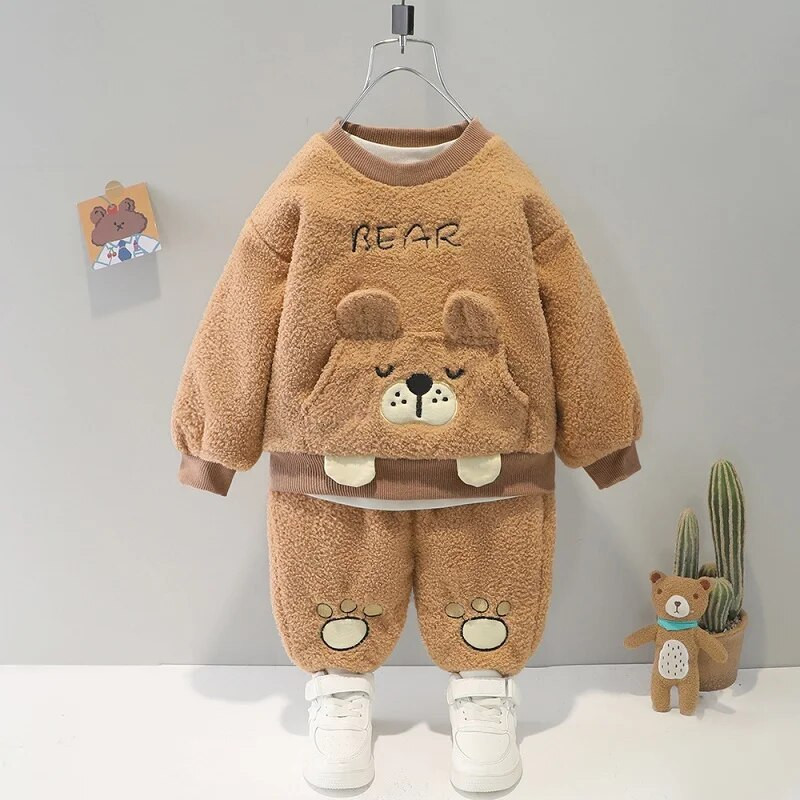 Rudens un ziemas jauns bērnu multfilmas burtu uzvalks garām piedurknēm zēniem un meitenēm Plīša siltas džemperbikses divdaļīgs vienkāršs sporta apģērbs