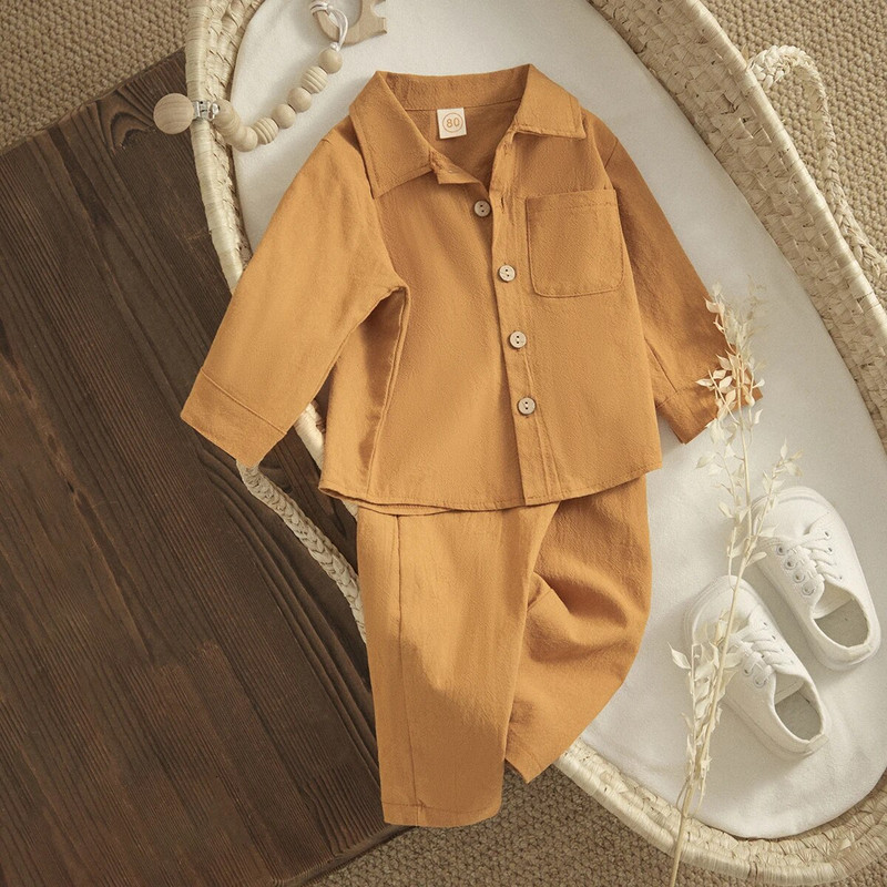 ma&baby 6M-4Y Toddler Zīdainis Mazulis Zēns Meitene Drēbju komplekti Pogas ar garām piedurknēm krekls Topi Bikses Ikdienas rudens pavasara tērpi