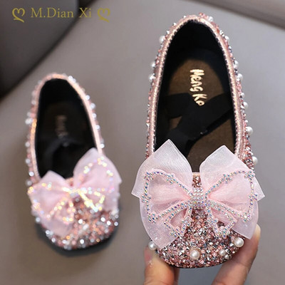 Spring Children`s Lace Bow Princess Shoes Girls Color Sequins Leather Shoes New Kids Soft-Soled Wedding Shoes Performance Shoes