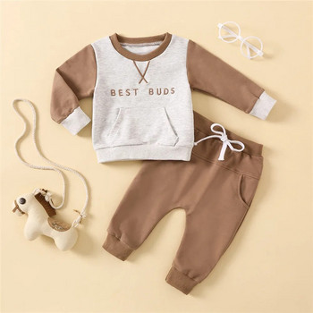 Модни есенни комплекти дрехи за бебета, момчета и момичета, комплекти дрехи за новородени, бродерия с букви, пачуърк, горнища с дълъг ръкав + панталони, спортно облекло, облекло