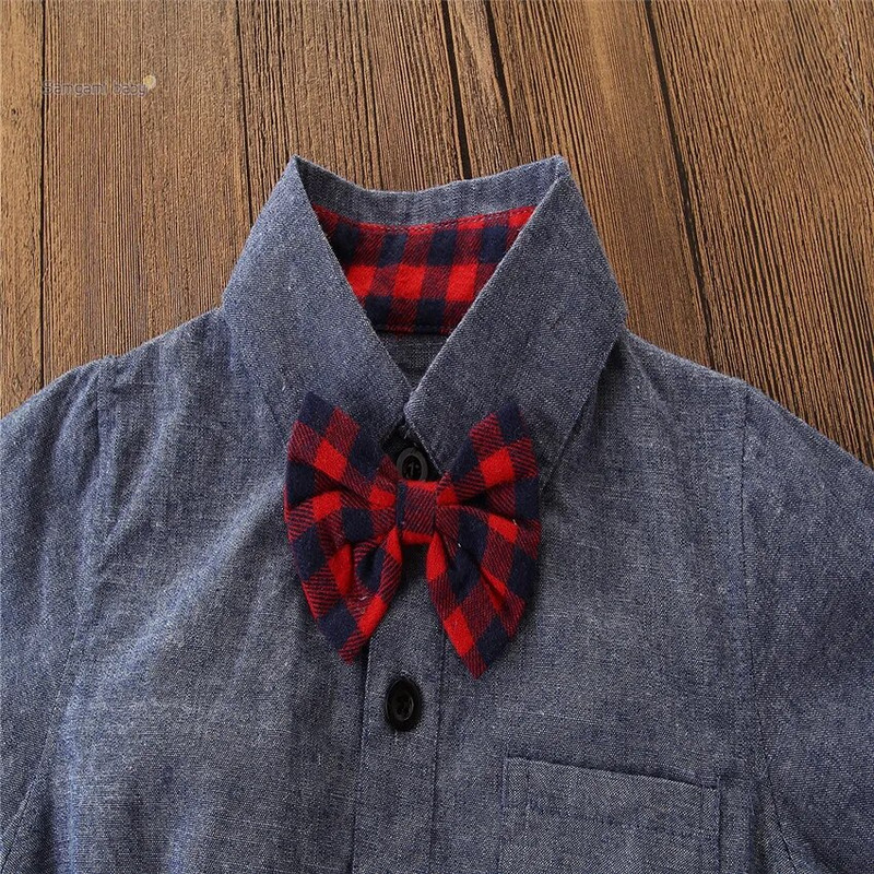 Βρεφικά αγόρια Ρούχα για νεογέννητο Άνοιξη & Φθινόπωρο Gentleman κοστούμι μακρυμάνικο ρόμπερ + τζιν με παπιγιόν 3 ΤΕΜ Σετ μόδας