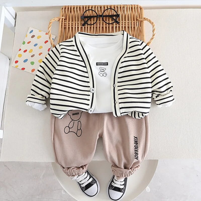 Rudens jauns 0-4 gadus vecs svītru viltots trīsdaļīgs bērnu uzvalks vienkrāsains džinsi ar burtiem divdaļīgs bērnu sporta apģērbs