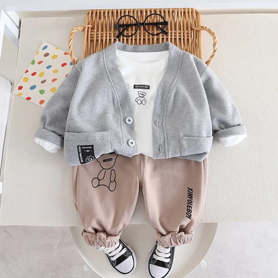 Rudens jauns 0-4 gadus vecs svītru viltots trīsdaļīgs bērnu uzvalks vienkrāsains džinsi ar burtiem divdaļīgs bērnu sporta apģērbs