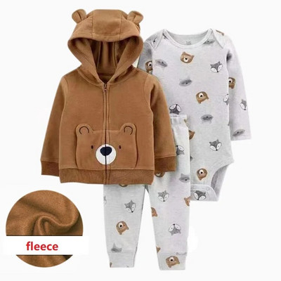 3daļīgs drēbju komplekts jaundzimušā zēna dzīvnieku modeles flīsa jaka ar garām piedurknēm+kokvilnas bikses+pelēkas bikses rudens ziemas tērps