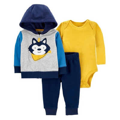 3daļīgs drēbju komplekts jaundzimušā zēna dzīvnieku modeles flīsa jaka ar garām piedurknēm+kokvilnas bikses+pelēkas bikses rudens ziemas tērps