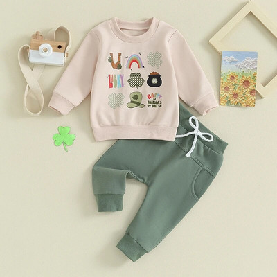 2023-11-18 Lioraitiin Νεογέννητο αγοράκι St Patrick`s Day Outfits Μακρυμάνικο γράμμα τριφύλλι με στάμπα φούτερ Jogger