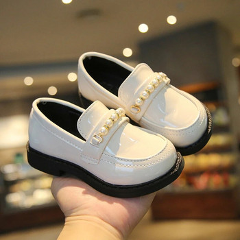 Νέα δερμάτινα παπούτσια κοριτσιών για σχολικό πάρτι Παιδικά μαύρα loafers slip-on Παιδικά Flats Μόδα βρετανικού στυλ Πέρλες Beading